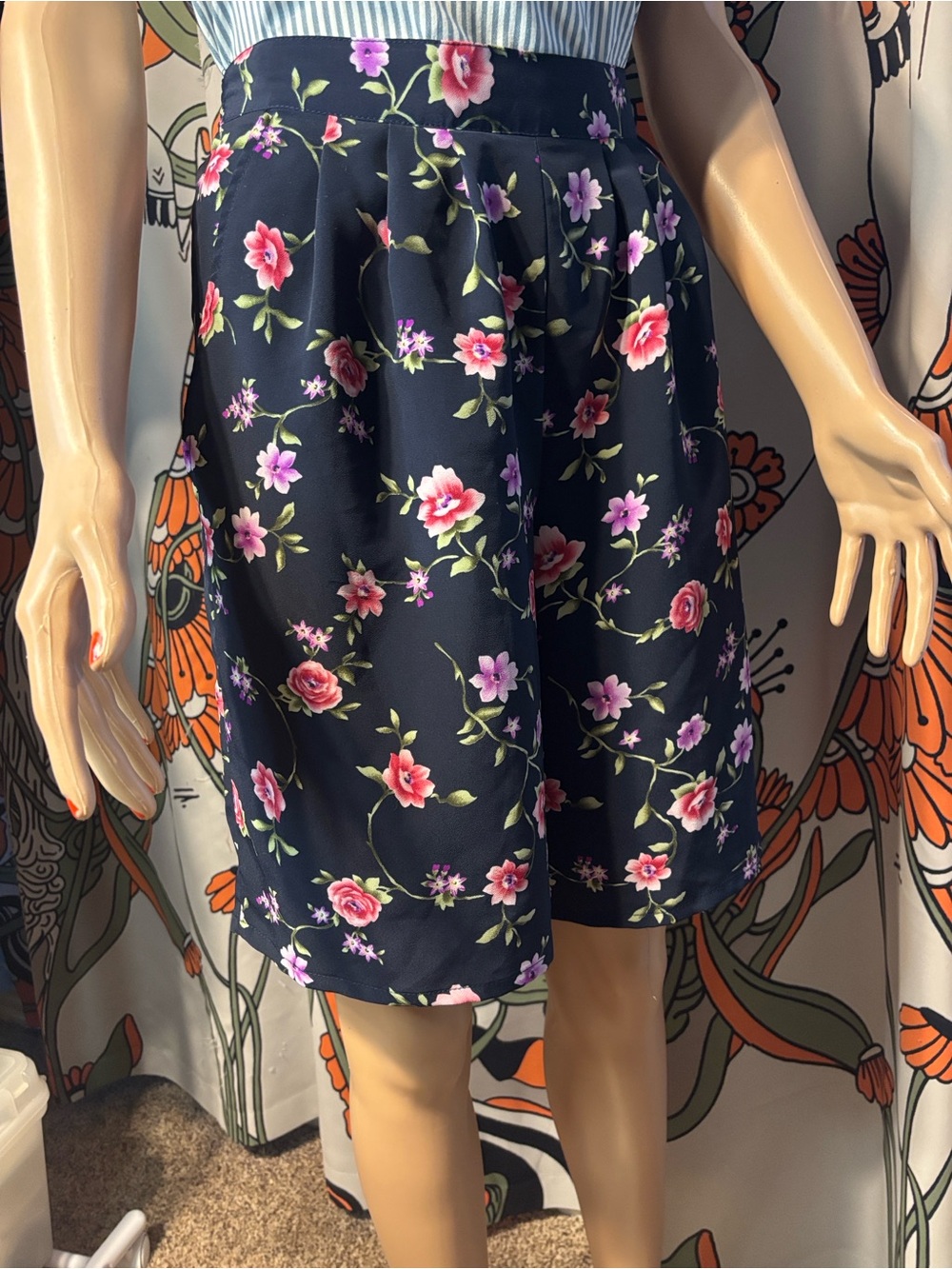 Navy Floral Pleated Shorts with Pink & Red Blooms